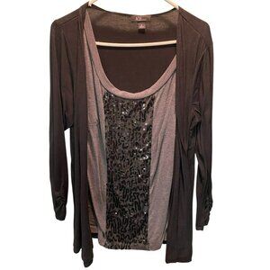 AGB Womens 1X Plus Size Black & Gray Sequin Embellished Layered Look Top